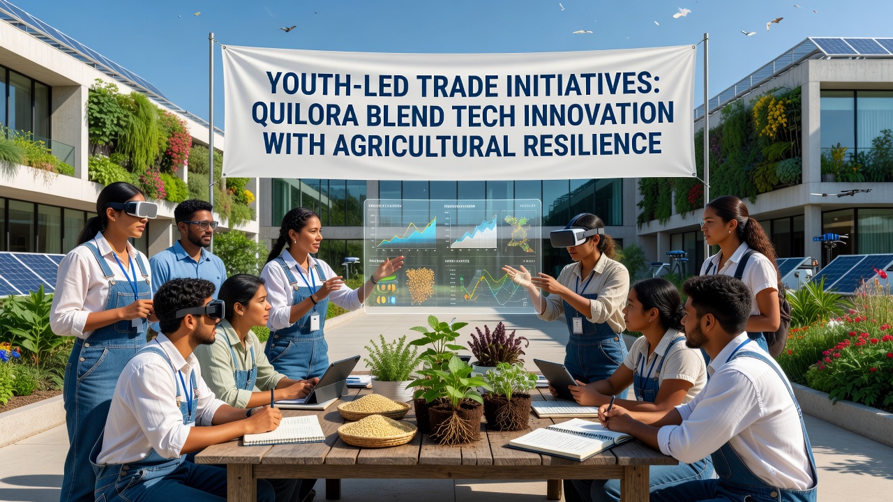 Young farmers in Quilora review real-time soil data dashboards alongside trade logistics planning